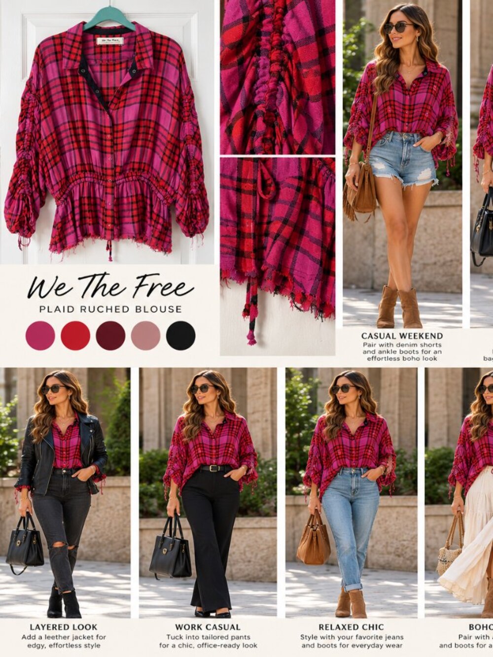 Free People We The Free Pink Red Plaid Ruched Sleeve Blouse Size XL